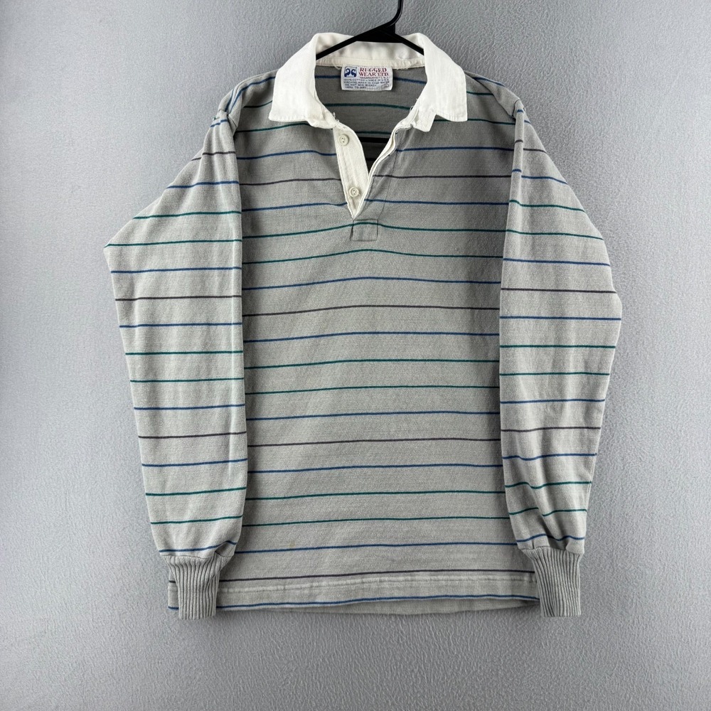 Vintage Rugged Wear Rugby Shirt Mens Large Gray Heavy Cotton 80s USA Polo Preppy